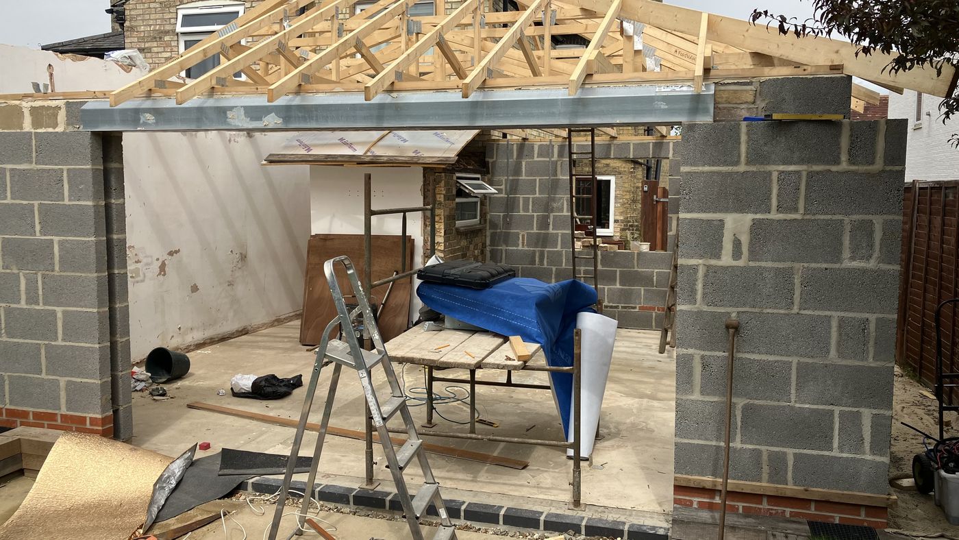 Interior view of an extension's blockwork shell
